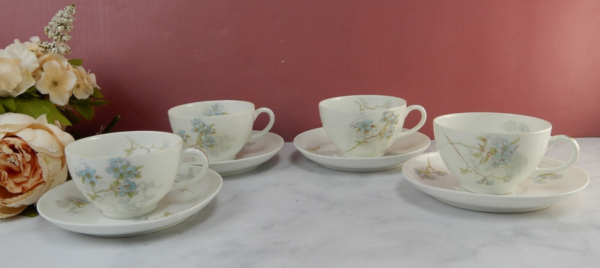 Antique Limoges A. Lanternier France Porcelain Blue Floral 4 Cups and Saucers