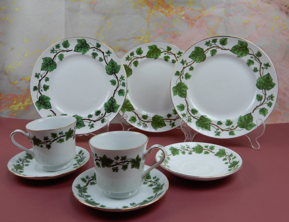 Crown Staffordshire Green Leaf 3 Desert Plates 2 Cups and 3 Saucers