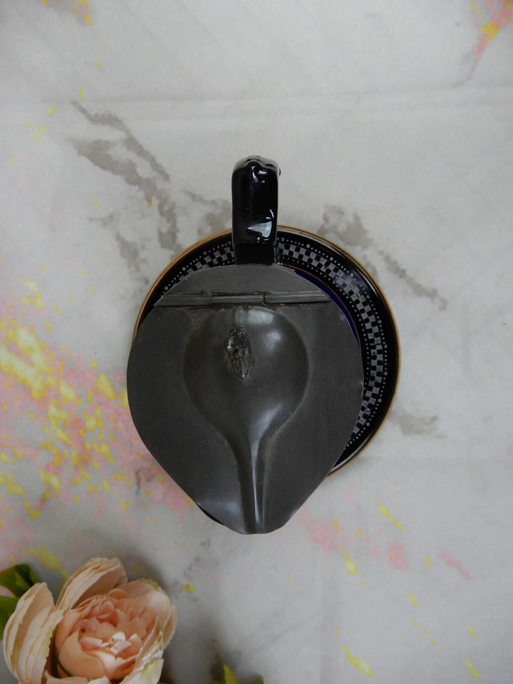 Vintage Ceramic Syrup Pitcher  with Metal Lid and Underplate