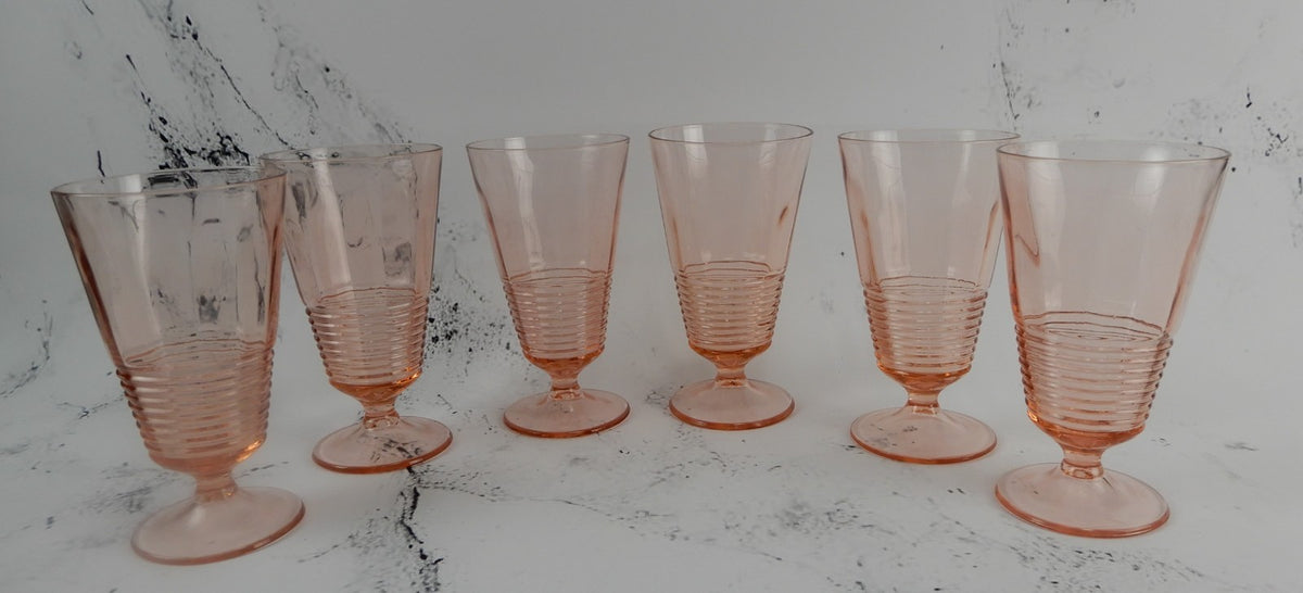Set of 6 Federal Glass 1930s Pink Depression Ringed Stem Iced Tea Goblets 14oz