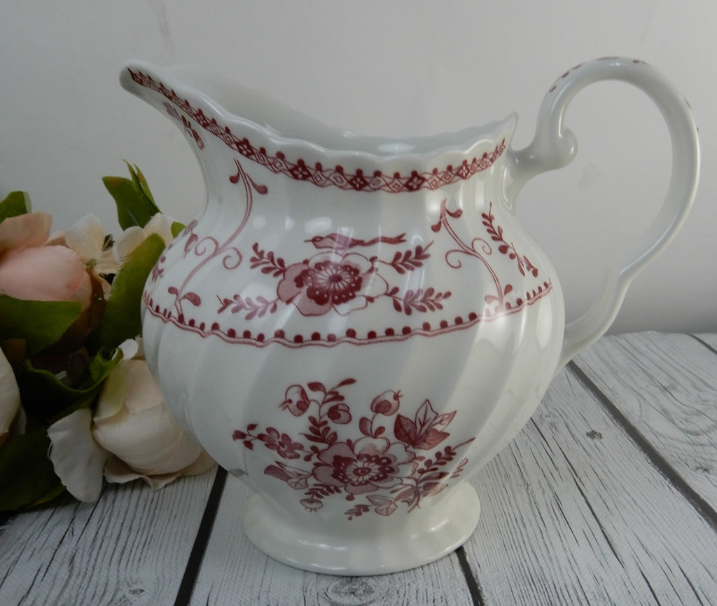 Vintage Johnson Bros. Indies White/ Pink Floral Ironstone Milk Jug England 32 oz