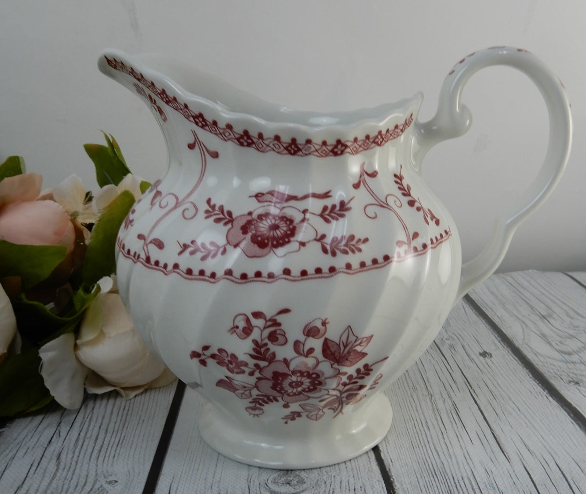 Vintage Johnson Bros. Indies White/ Pink Floral Ironstone Milk Jug England 32 oz
