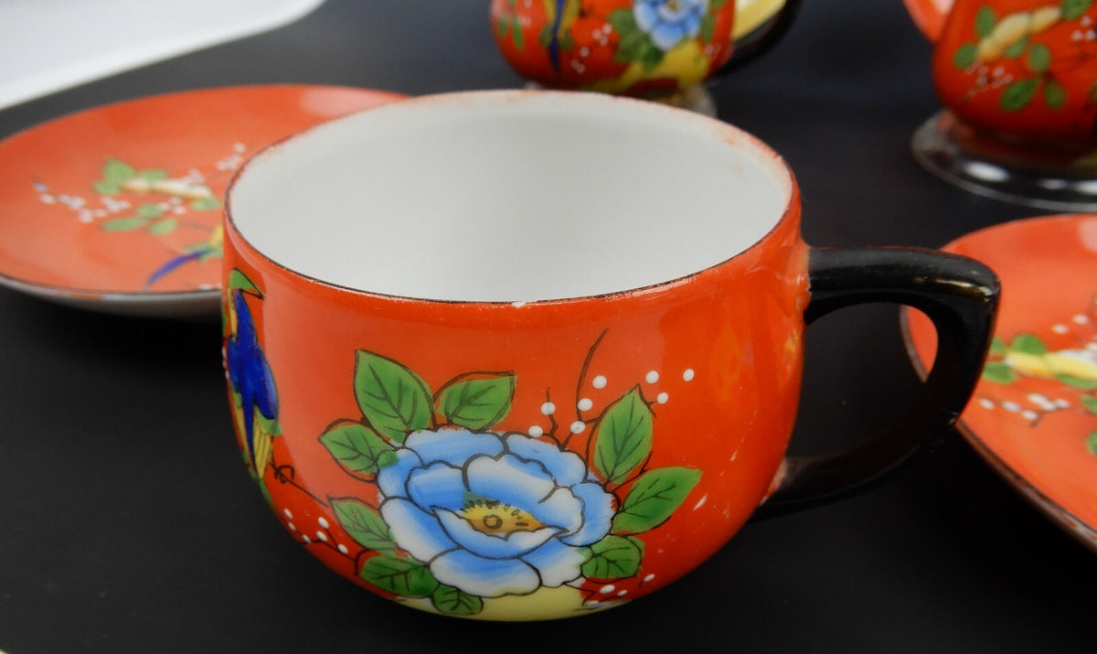Set of 6 Chikaramachi Japan Hand Painted Bird Asian Florals Cup and Saucer