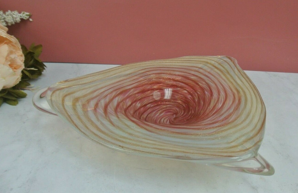 Murano Spiral Flat Bowl Hand Blown Glass Bowl in Pink, Gold Glitter No mark