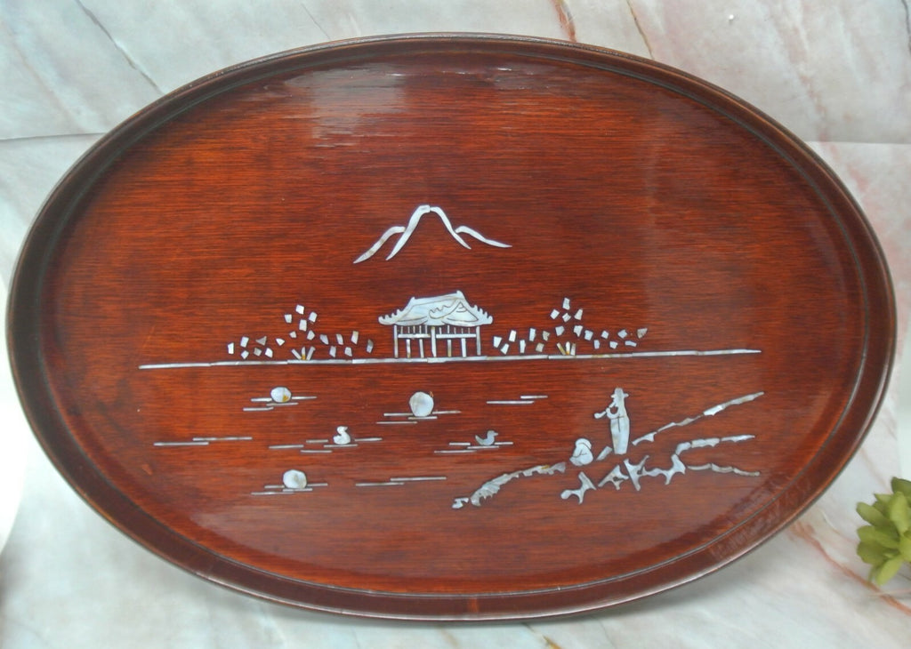 Vintage Oval Wood and Mother of Pearl Tray 18" Long