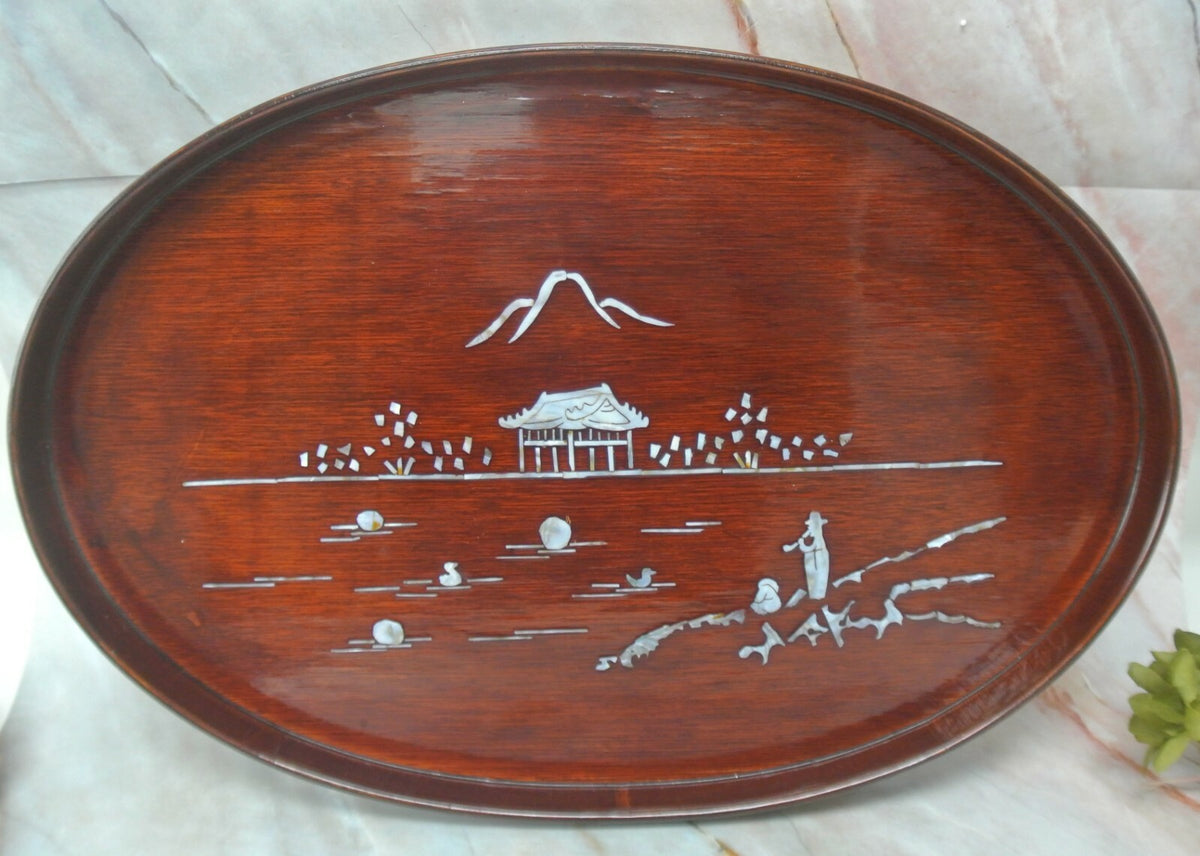 Vintage Oval Wood and Mother of Pearl Tray 18" Long