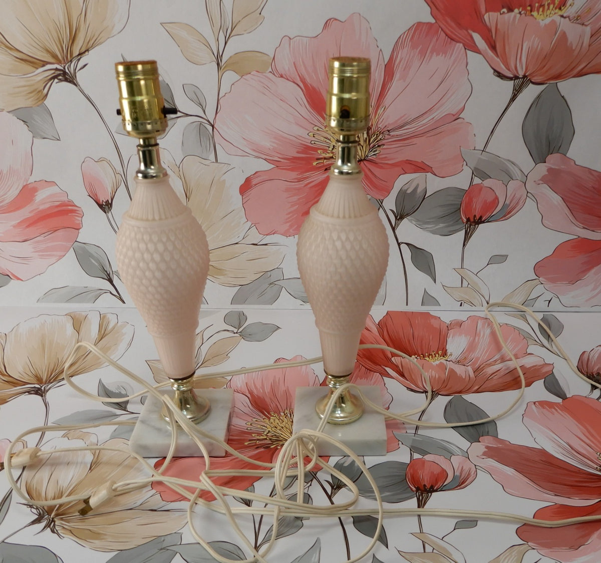 Pair of Pink Frosted Glass Quilted Pattern Table Lamps With Marble Base