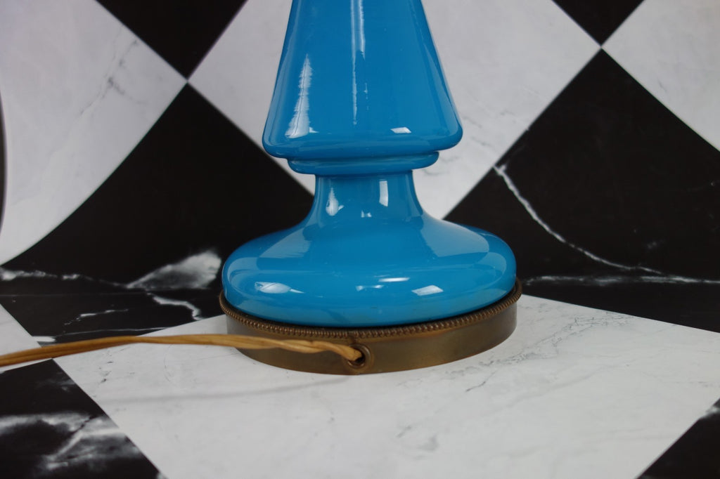 Vintage Turquoise Blue Opaline Glass Clear Top Glass Brass Base 3 Way Table Lamp