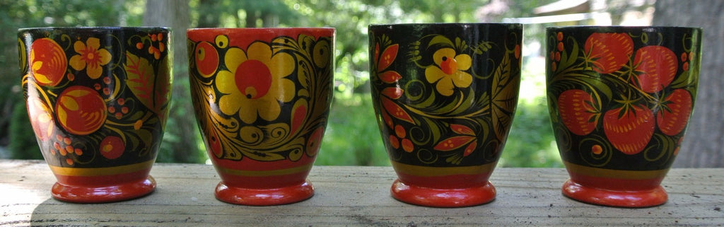 4 Vintage Russian Khokhloma Hand Painted Wood/Lacquer ware Glasses