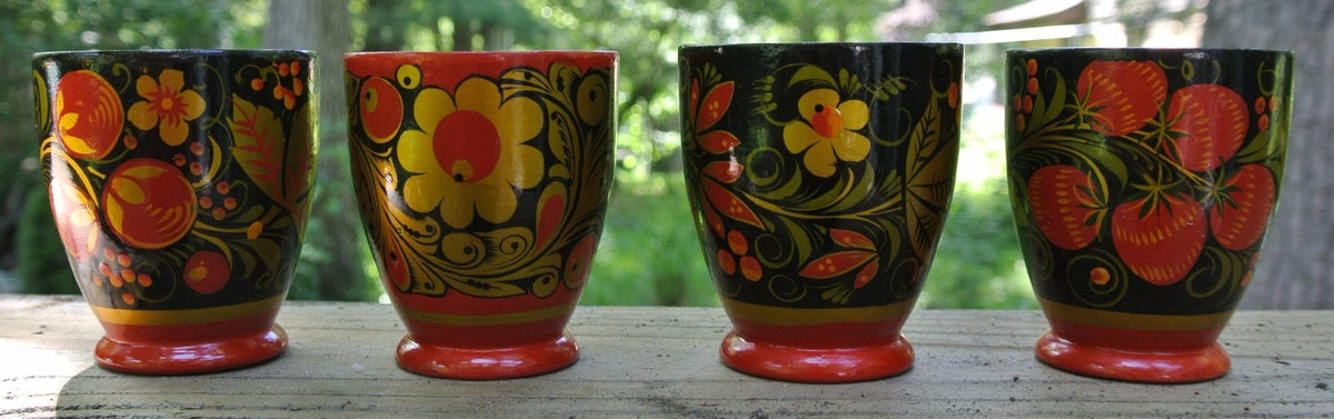 4 Vintage Russian Khokhloma Hand Painted Wood/Lacquer ware Glasses