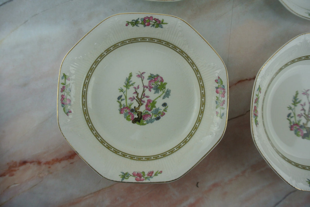 Four J.G. Meakin Sol Soup Bowls with  Indian Tree Center, Greek Key, Octagonal