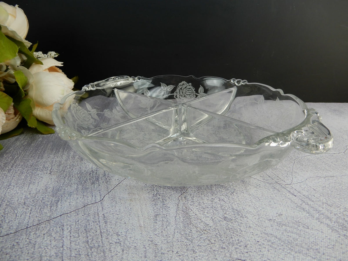 Vintage Heisey Rose Patten 4 Compartment Relish Dish Tray