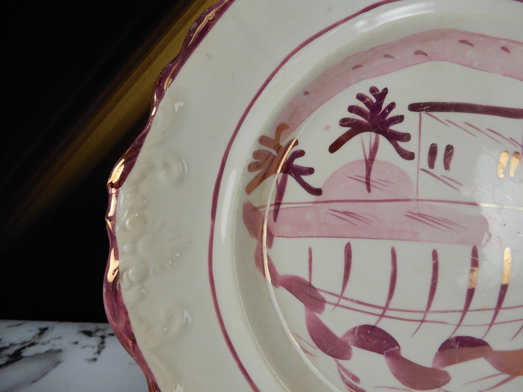 Antique Staffordshire Pink Luster Pearlware Embossed Handled Plates