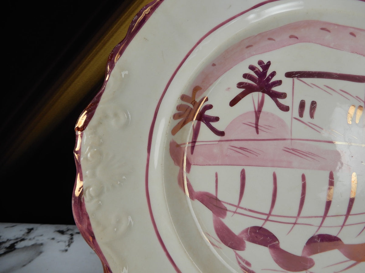 Antique Staffordshire Pink Luster Pearlware Embossed Handled Plates