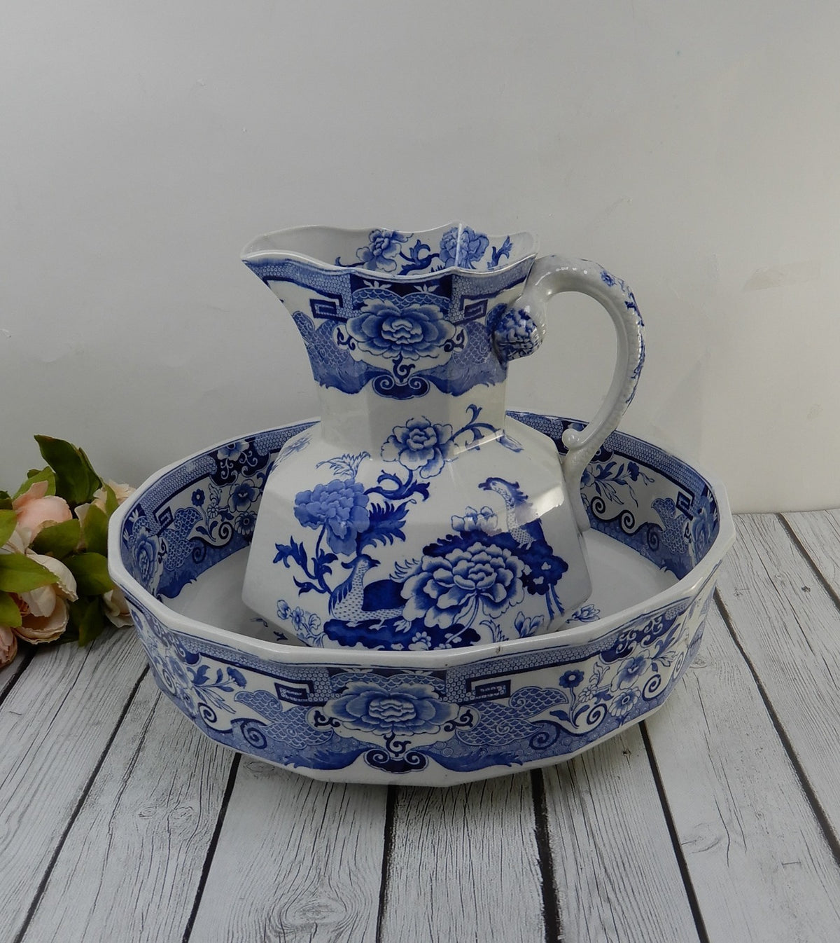 Antique Mason's Ironstone Blue Pheasant Pattern,Wash Bowl & Pitcher Set Ca.1815