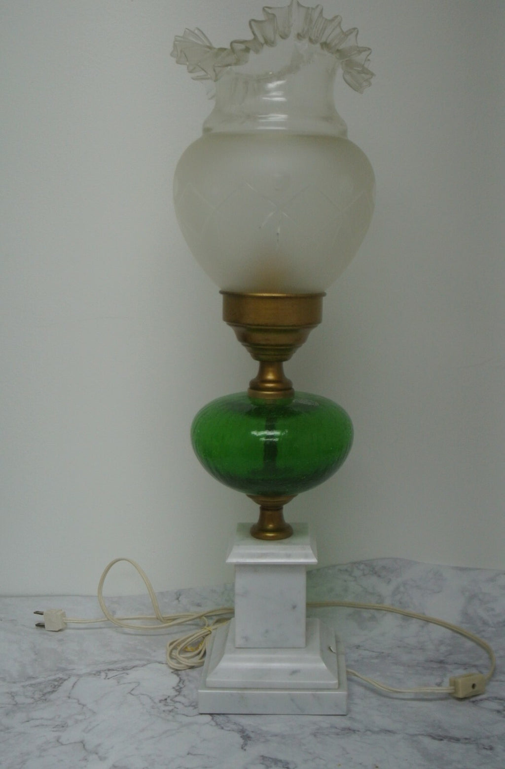 Vtge Italian White Carrara Marble & Green Crackled Hand Blown Glass Table Lamp