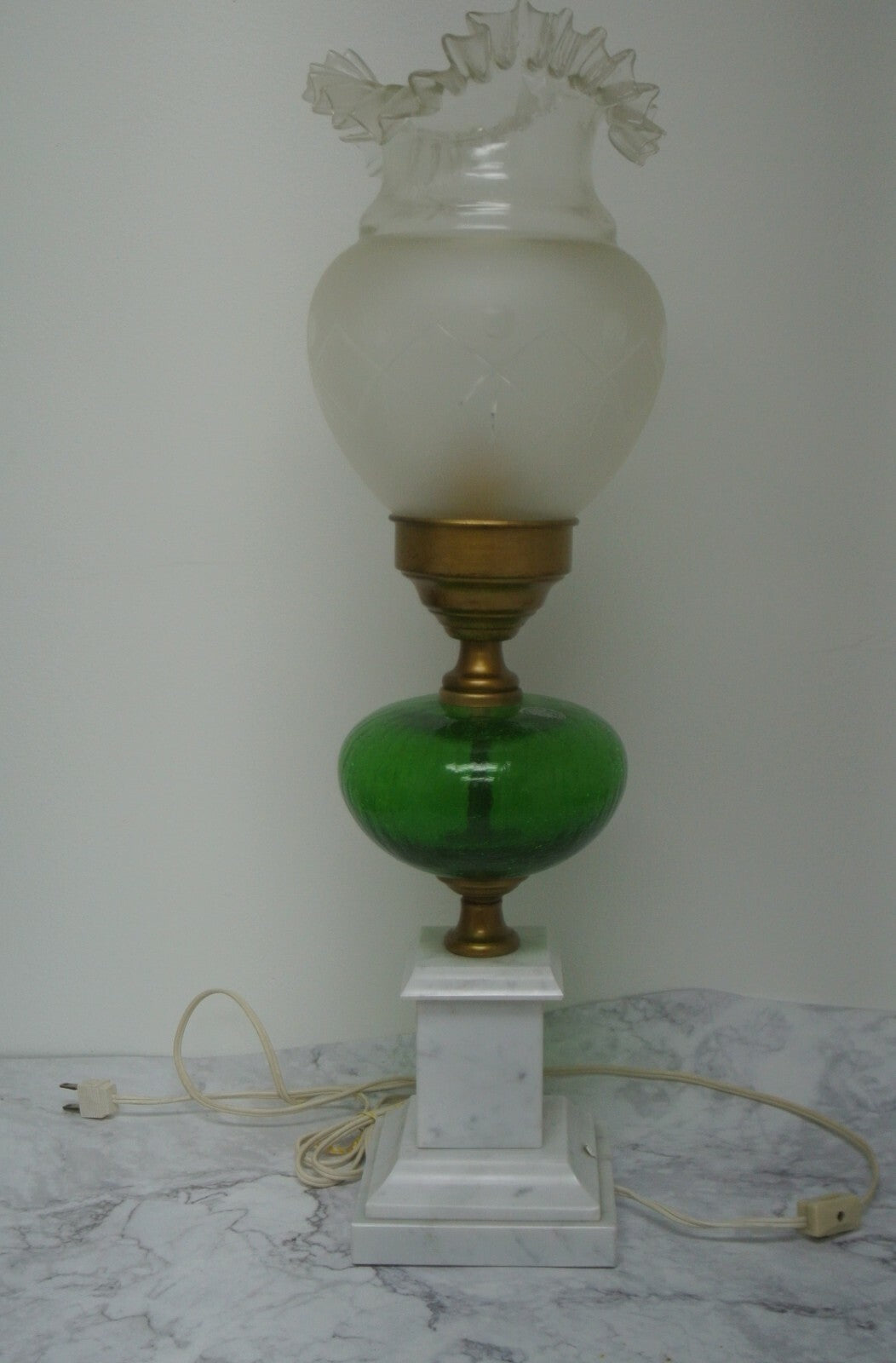 Vtge Italian White Carrara Marble & Green Crackled Hand Blown Glass Table Lamp
