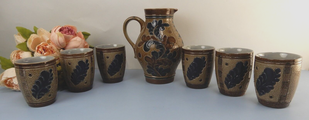 Vintage Marzi Remy German Stoneware Brown Blue Salt Glaze Wine /Jug W/ 6 Cups