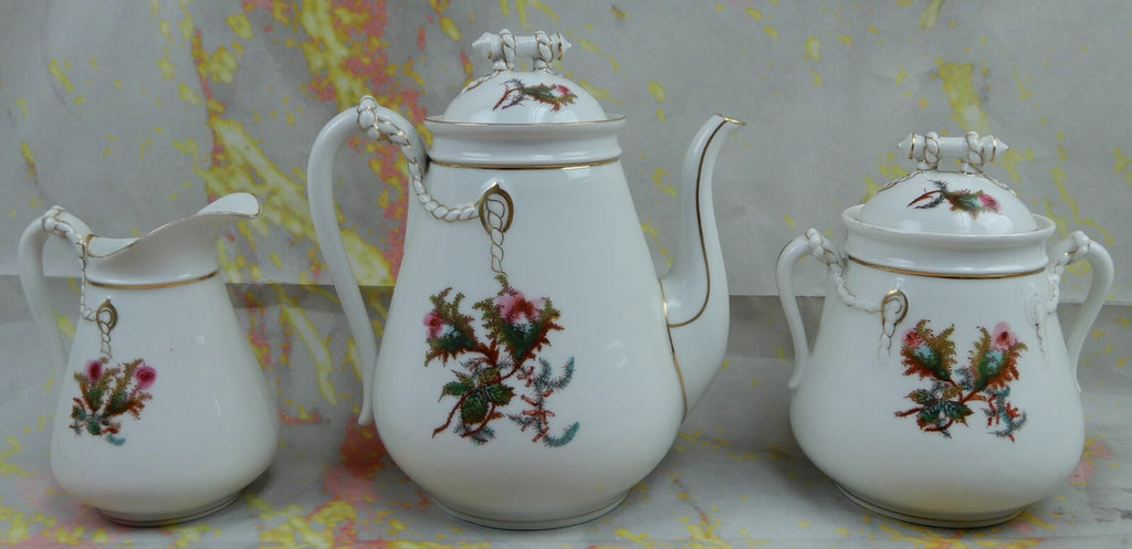 Vintage Haviland Limoge France "Moss Rose" Large Coffee Pot,Creamer ,Sugar Bowl