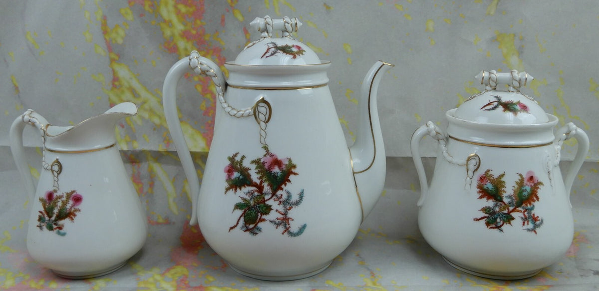 Vintage Haviland Limoge France "Moss Rose" Large Coffee Pot,Creamer ,Sugar Bowl