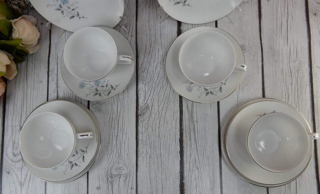 4 Vintage Diamond Fine China "Blue Rose" Japan Trio Set Cup,Saucer & Plate