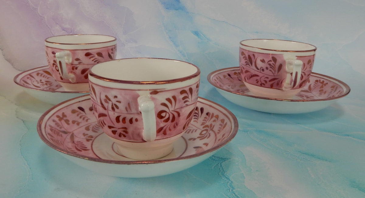 Set of 3~1800s Staffordshire Pink Luster Cups and Saucers: Sunderland Lusterware