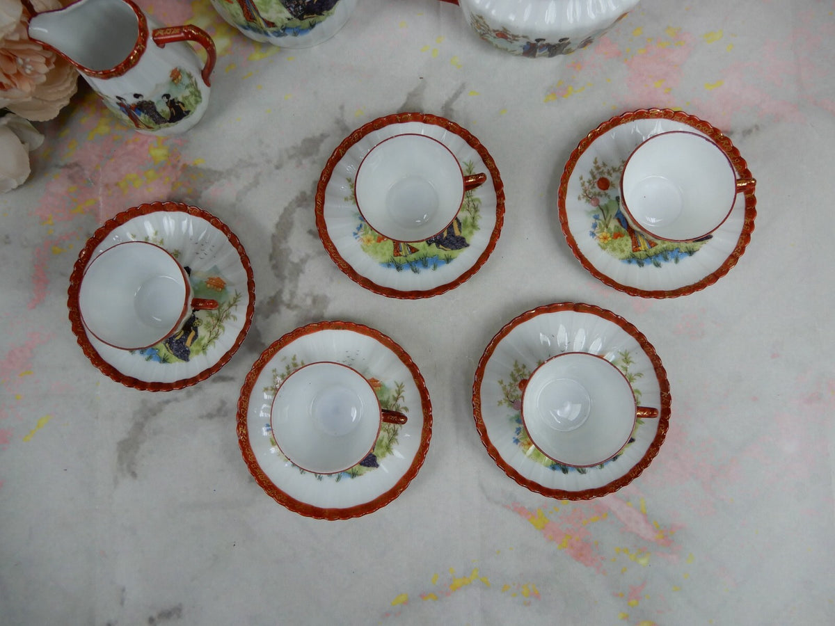 Vintage Children's Pot,Sugar Bowl,Creamer,5 Cups and Saucers w/ Geishas Red Mark