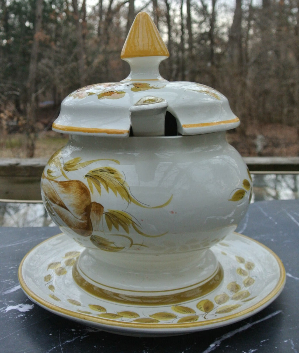 Vintage Italian Yellow Ceramic Tureen with Platter & Ladle Hand Painted