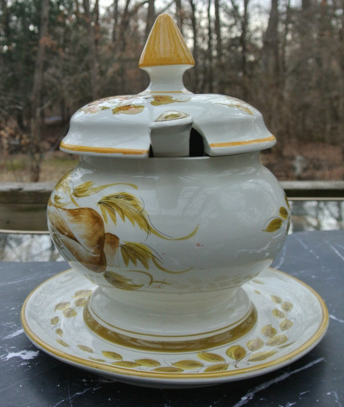 Vintage Italian Yellow Ceramic Tureen with Platter & Ladle Hand Painted