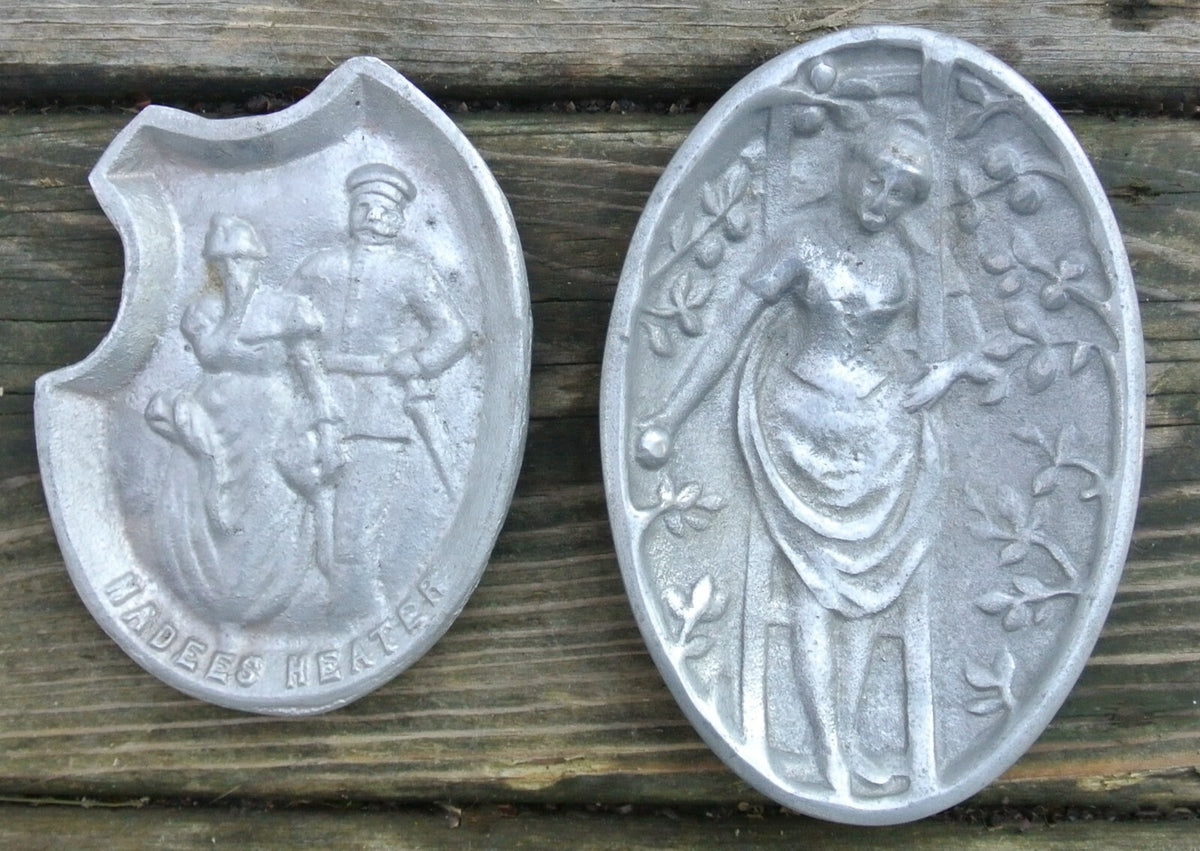 Vintage Hotter Nell Handees Heater and Lady funny Metal Ashtrays or Trinket Dish