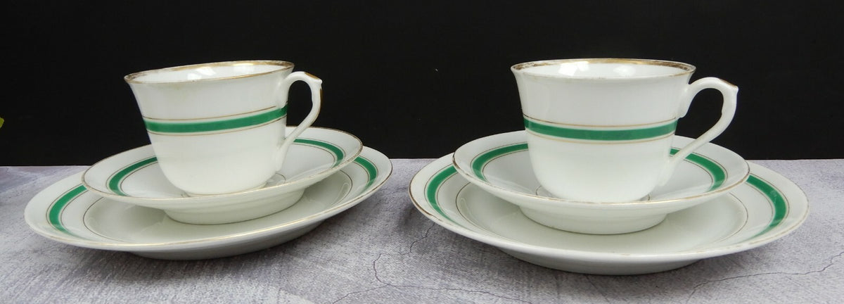 Two Set Antique White,Green and Gold Trim Tea Set Trio Cup,Saucer,Dessert Plate