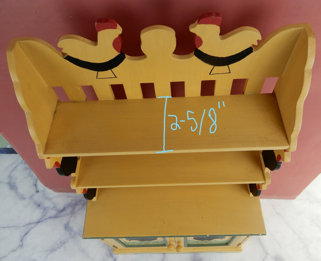 Vtge Small Wood Toy Plate Rack with 2 Shelves,2 Doors Hand Painted w/ Chickens