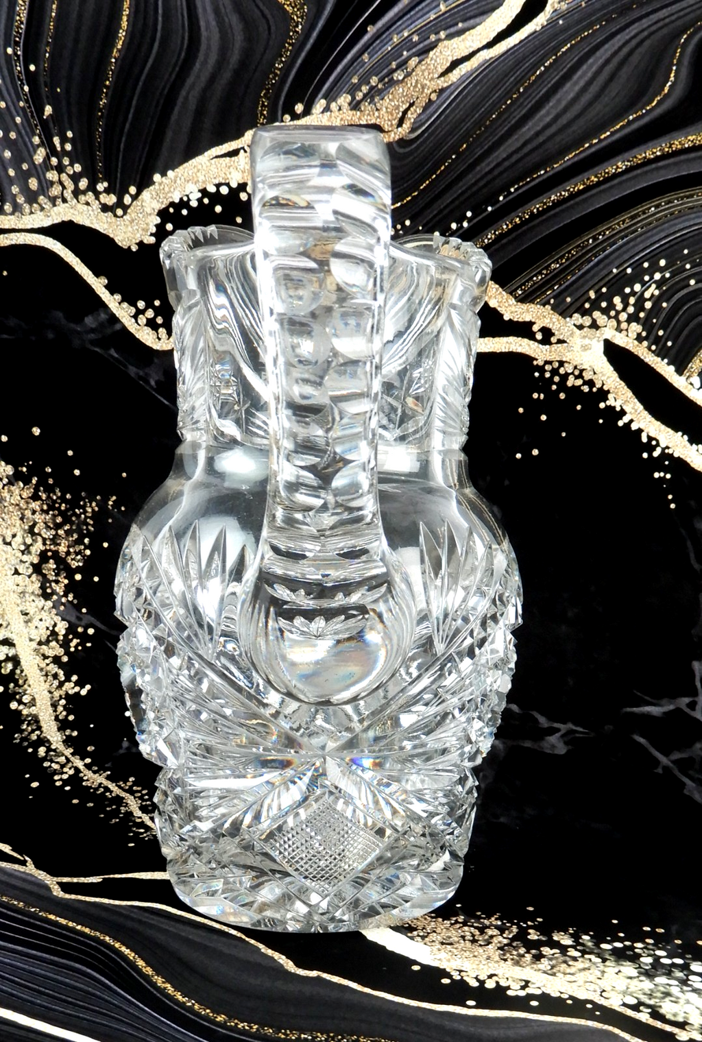 American Brilliant Period ABP Heavy Crystal Cut Glass Hobstar,Fan Notched Handle