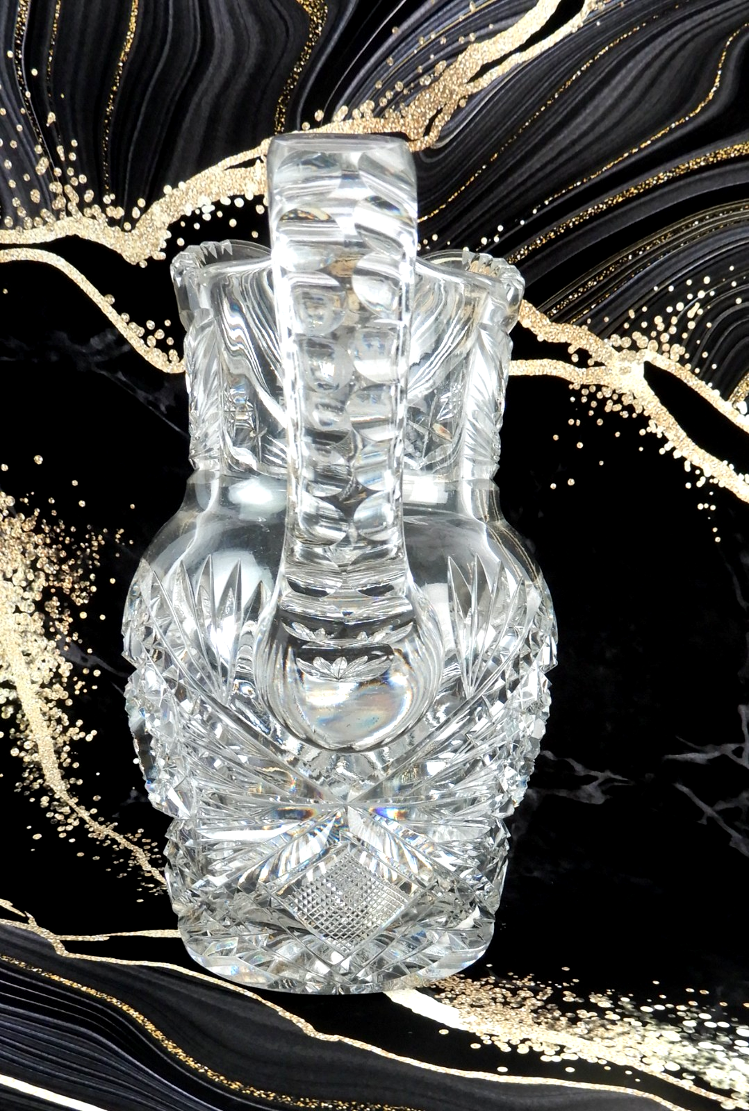 American Brilliant Period ABP Heavy Crystal Cut Glass Hobstar,Fan Notched Handle