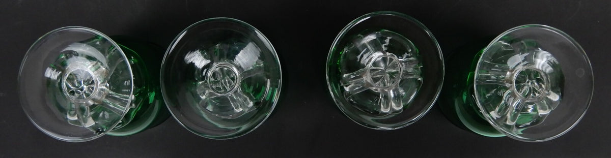 4 Hand Blown Forest Green With Clear Stemmed Cordial Liqueur 4oz Glasses