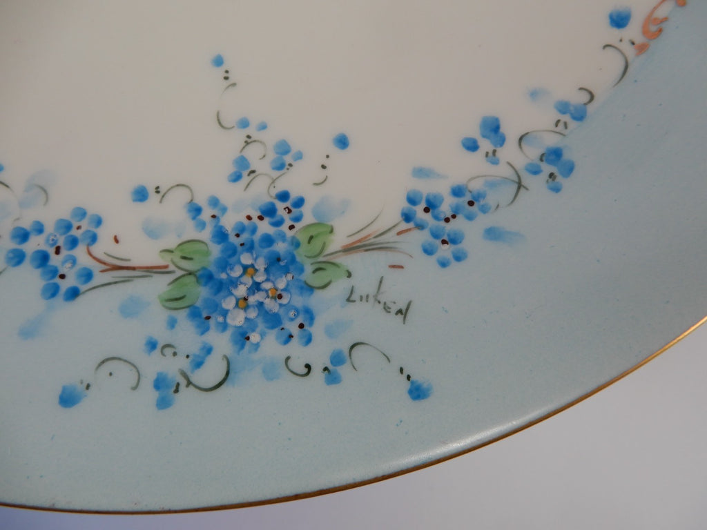 J.P. L. France Blue Forget Me Not Hand Painted Set of Five 9" Luncheon Plates