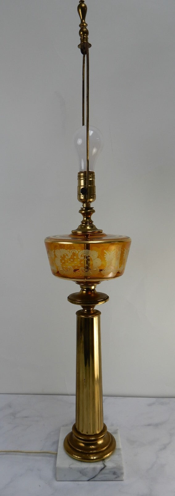 Vintage Czech Bohemian Amber Glass Etched W/ Brass Pilar Table Lamp Marble Base
