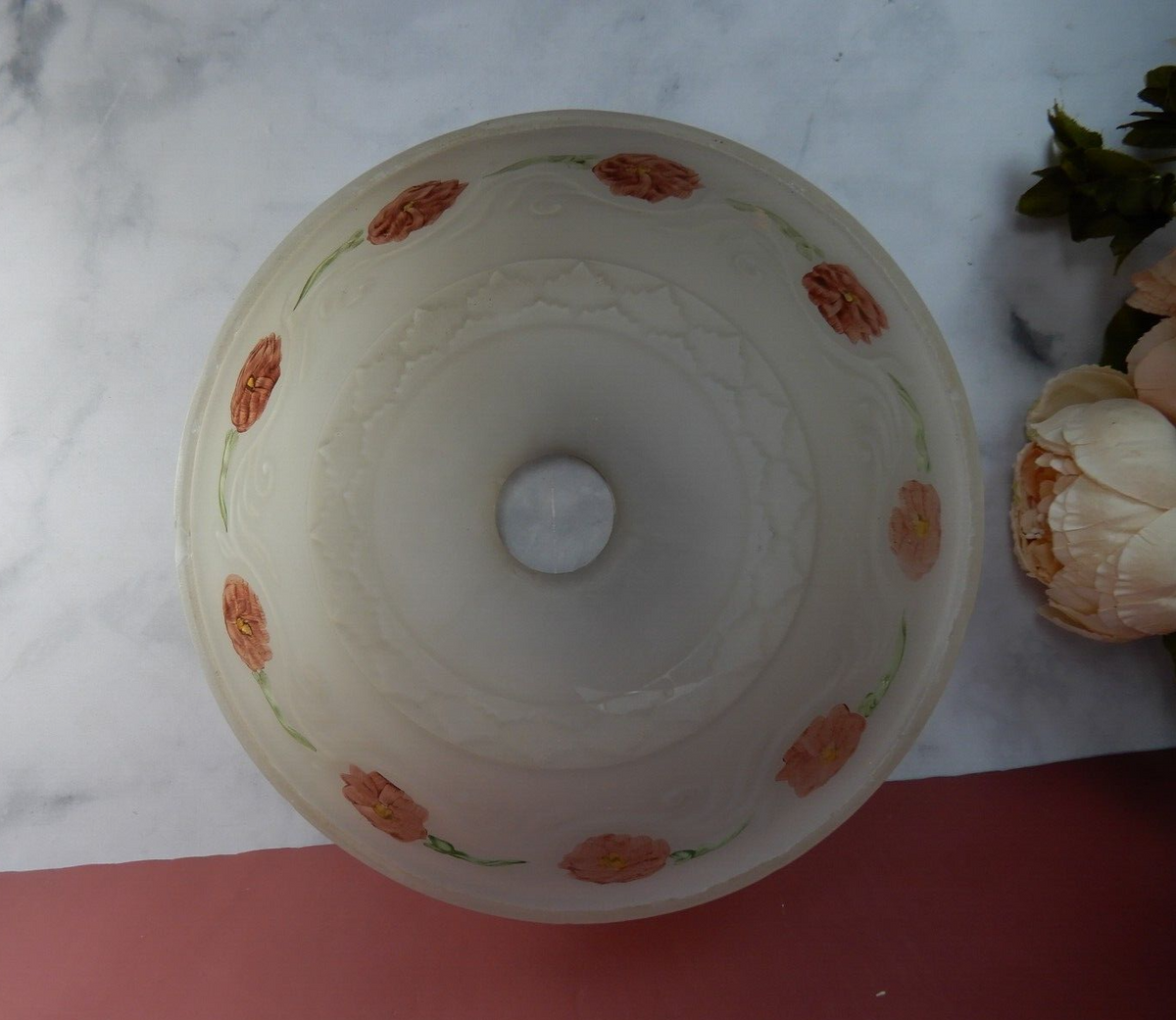 Vintage Frosted Glass Lamp Shade Reverse Painted Pink Flowers 4-7/8" Tall
