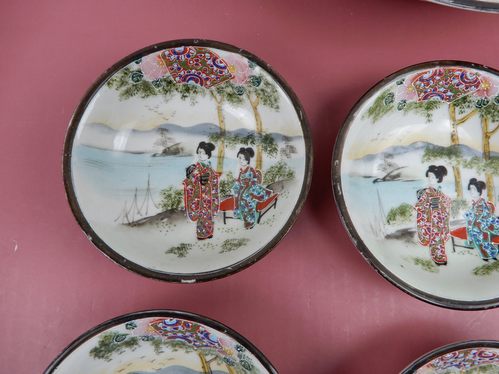 Geisha Girl Embossed Hand-Painted Japan Porcelain Bowl and 6 Berry Bowls Set
