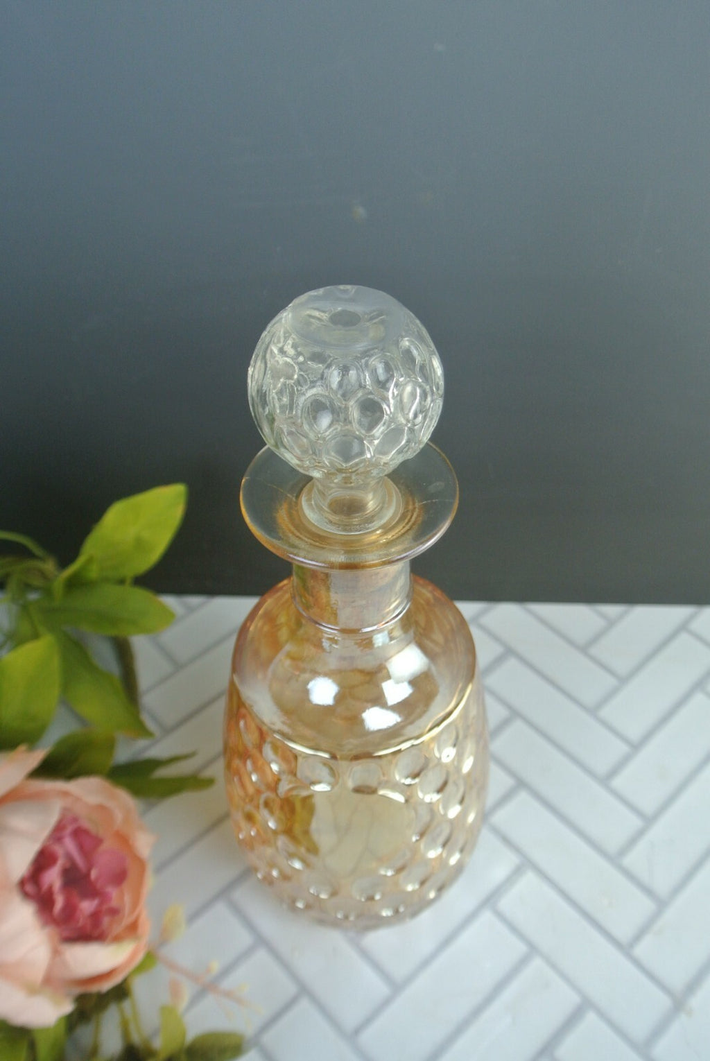 Vintage Carnival Glass Decanter Marigold Thumbprint Decanter Bottle