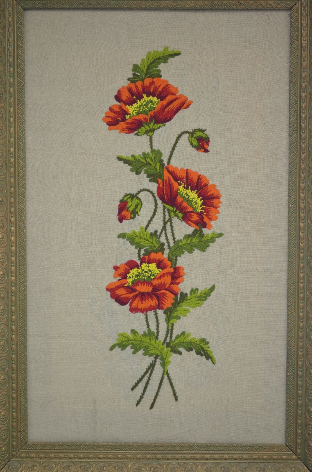 Vintage Big Ornate Resin Frame with Needlepoint Poppy Flowers 42-3/8" Tall