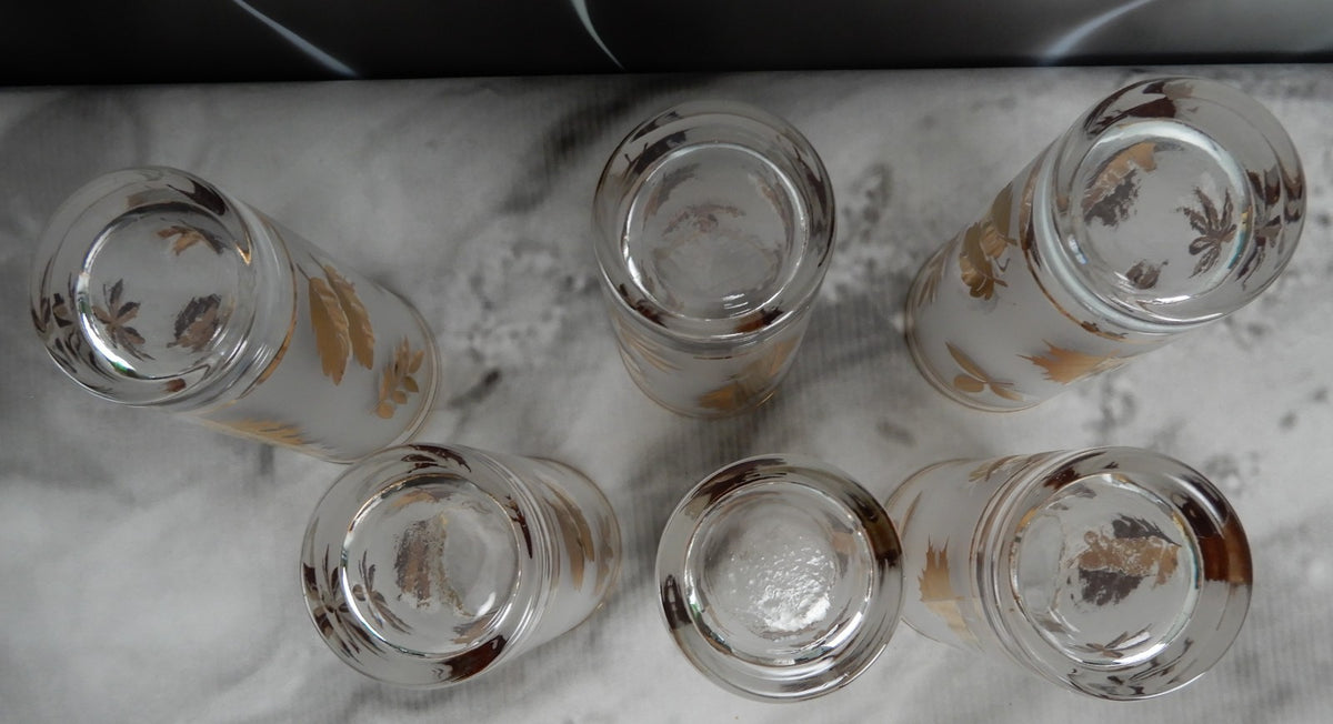 Vtg. Libbey Frosted Golden Foliage Gold Leaf Glass Highball Tumblers, Set of 6