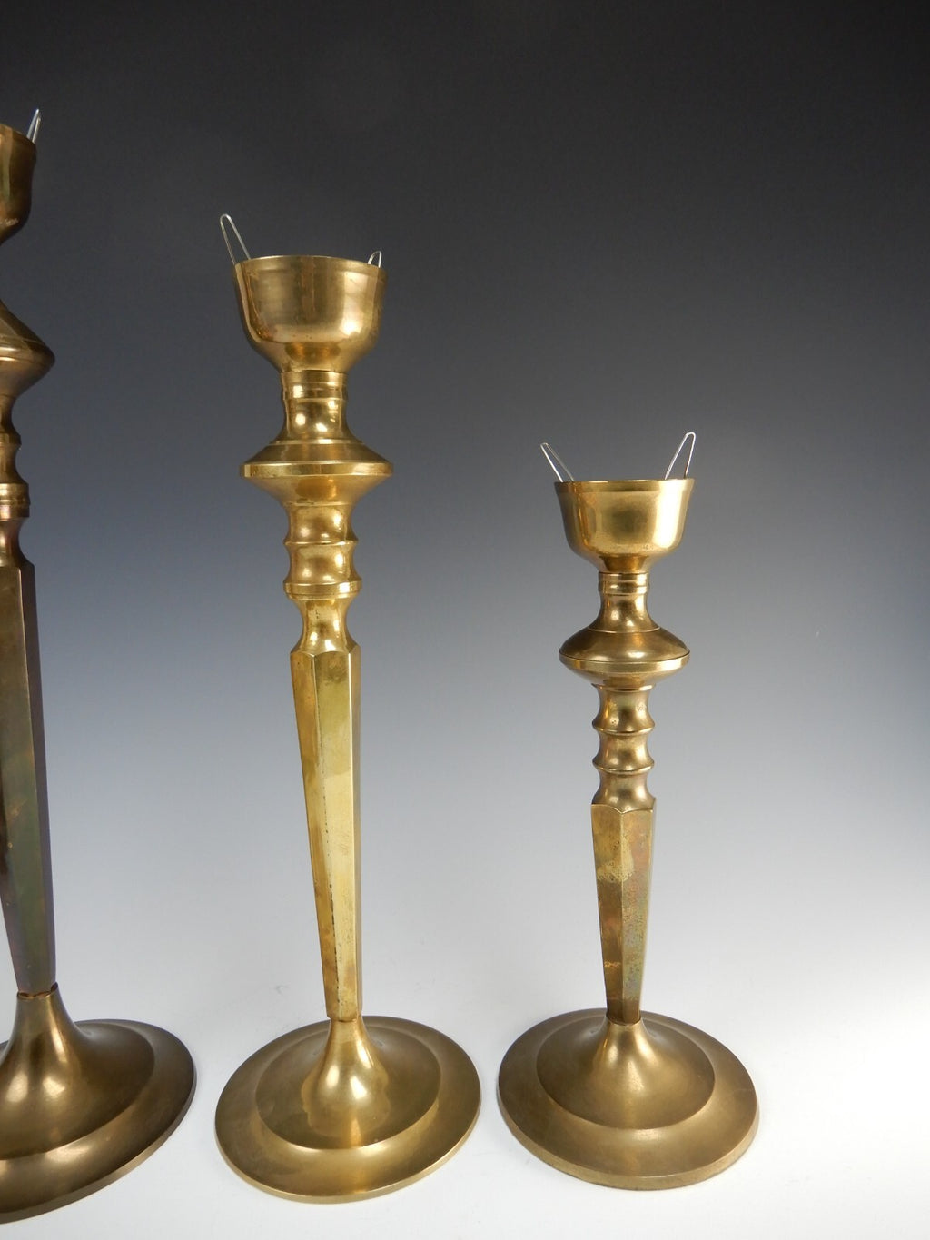 Three Vintage Brass Tiered Candle Holders W/Glass Shades 21-3/8", 19-1/4", 16"
