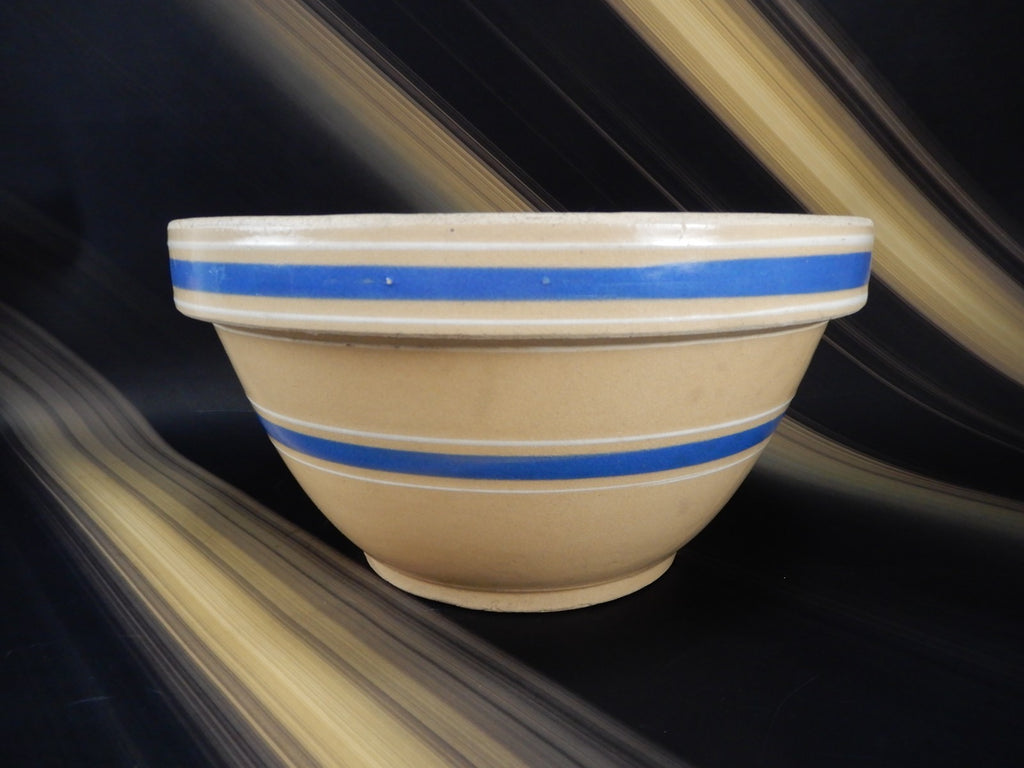 Vintage Ribbed Yelloware Mixing 11-5/8" Bowl with Blue/ White Bands