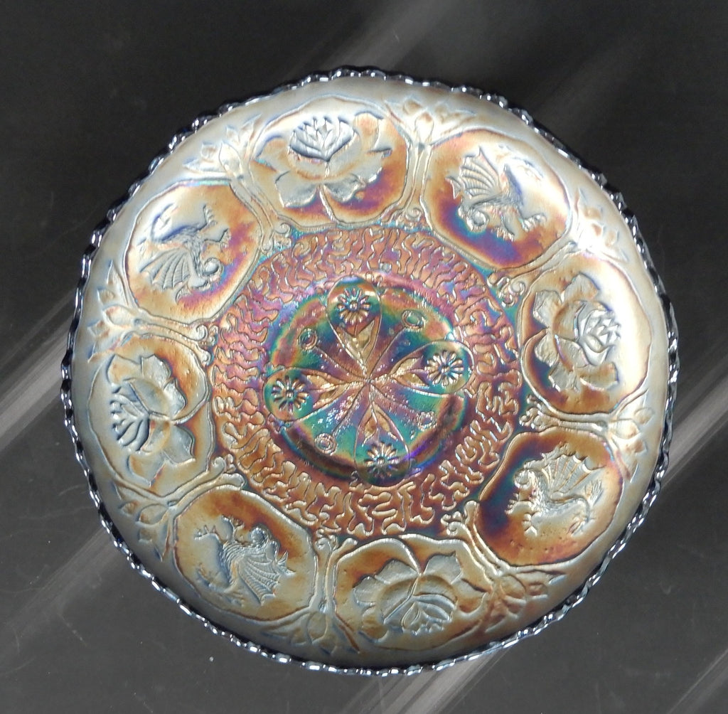 Fenton Amethyst Blue Carnival Glass Bowl Iridescent Dragon Lotus Pattern