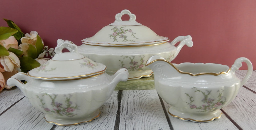 Vtg. Arcadian Fine China "Old Rose" Covered Vegetable Bowl ,Creamer & Sugar Bowl