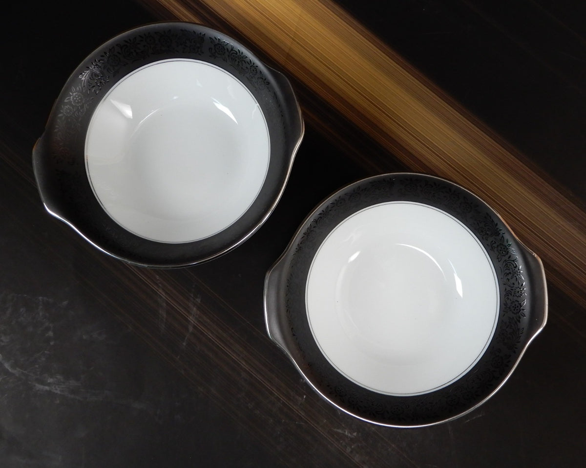 Two Noritake Mirano Lugged Cereal,Bowls Platinum Trim 6878 Lug Bowls Black Band