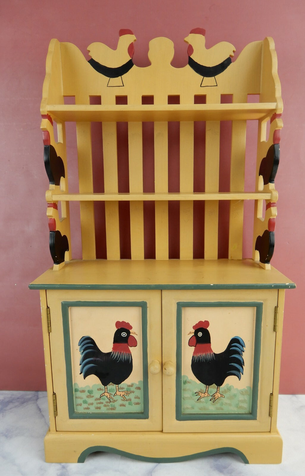 Vtge Small Wood Toy Plate Rack with 2 Shelves,2 Doors Hand Painted w/ Chickens