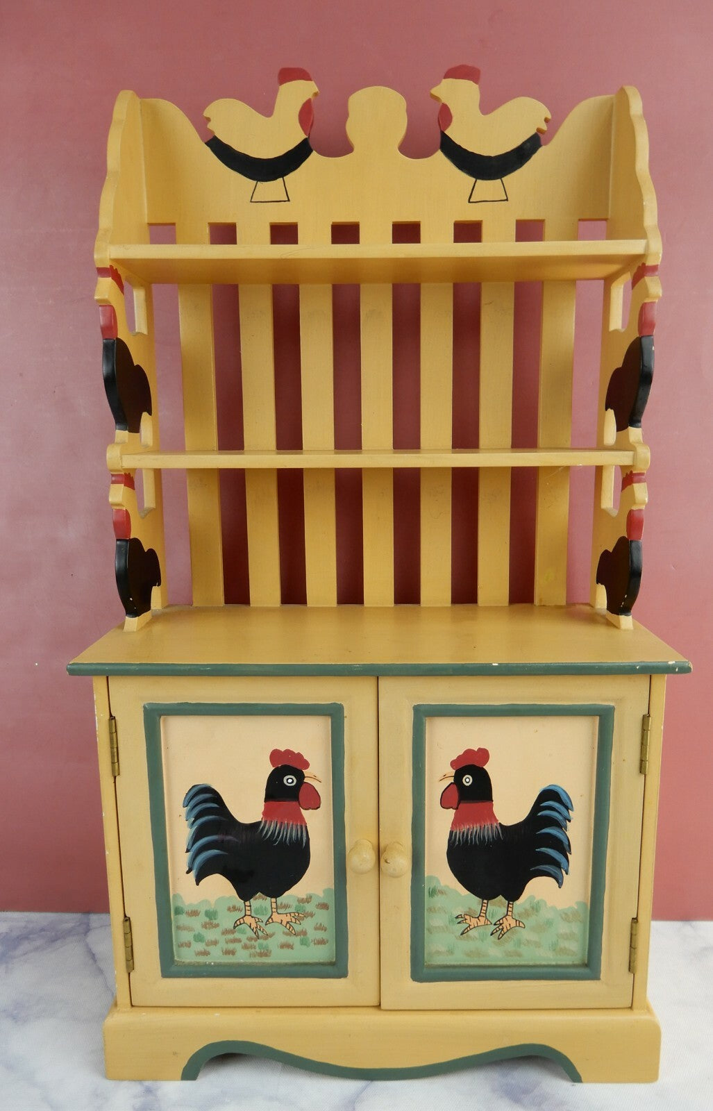 Vtge Small Wood Toy Plate Rack with 2 Shelves,2 Doors Hand Painted w/ Chickens