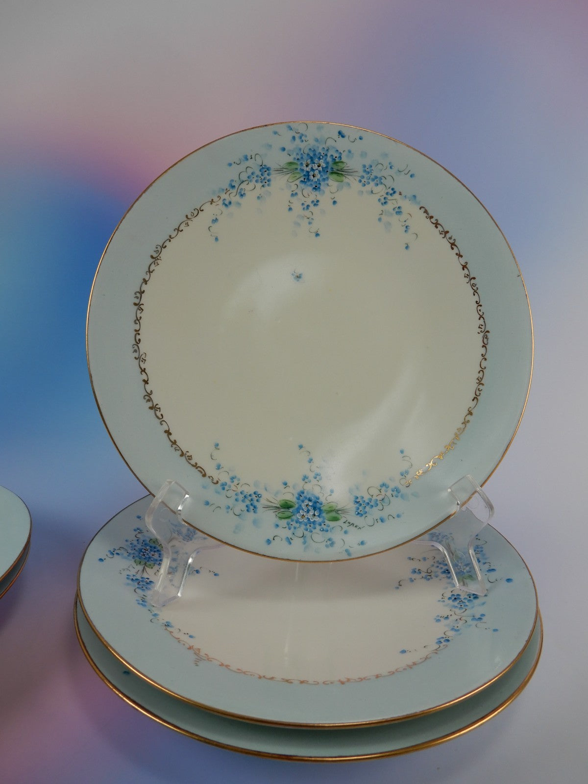 J.P. L. France Blue Forget Me Not Hand Painted Set of Five 9" Luncheon Plates